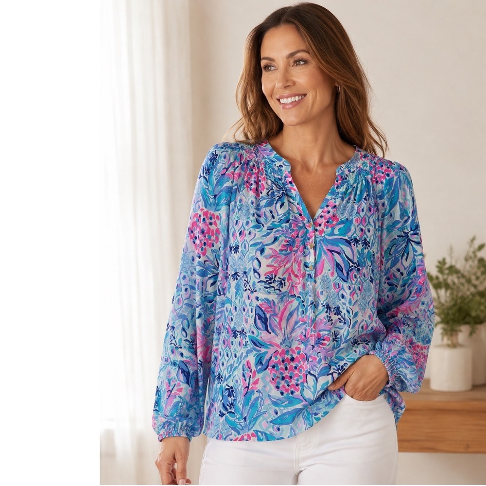 Lilly Pulitzer Elsa 100% Silk Blouse Women Large Blue Pink Luxury Coastal Preppy
